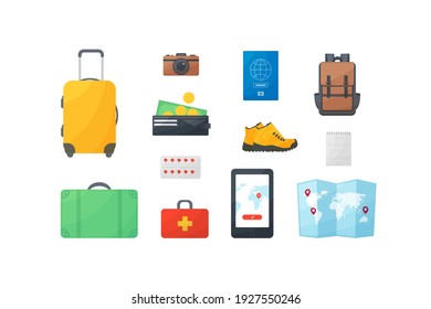 Travel And Vacation Flat Design Concept, tourists items, leisure, rest, purse, wallet, boots, first aid kit, suitcase, camera, money, passport, backpack, navigator, phone, map