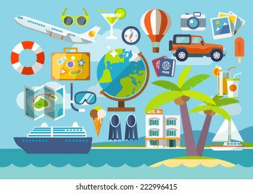 Travel vacation flat design set. Vector concept  illustration. Travel banner.