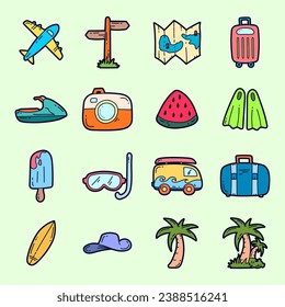 Travel and vacation flat icon set. Vacation doodle icon collections.