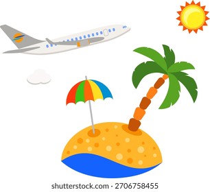 Travel and Vacation Flat Icon for Web Site, Advertising like Island, Palm Tree, Aircraft.