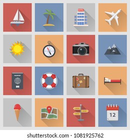 Travel and vacation flat icons with long shadow effect.