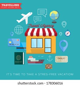 Travel and vacation flat vector icon set