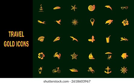  Travel and vacation gold flat icons. fun tourism sign.
