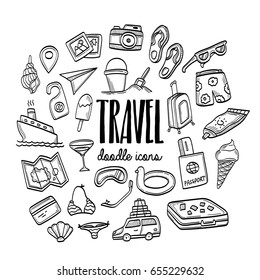 Travel and vacation hand drawn doodle icons.