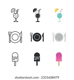 Travel and vacation icon set. Cocktail, cutlery, ice cream.