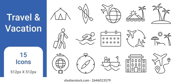 Travel and vacation icon set featuring flights, beaches, hotels, maps, luggage, and tourist activities. Great for apps, websites, brochures, and summer holiday designs.
