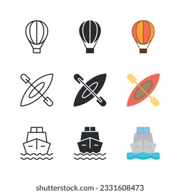 Travel and vacation icon set. Hot air balloon, canoe, cruise ship.