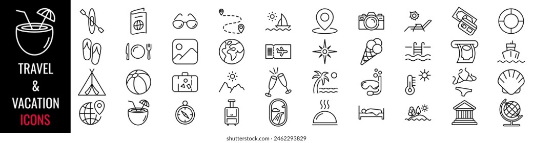 Travel and vacation icon. Travel and vacation icon set. Linear style. Vector illustration.