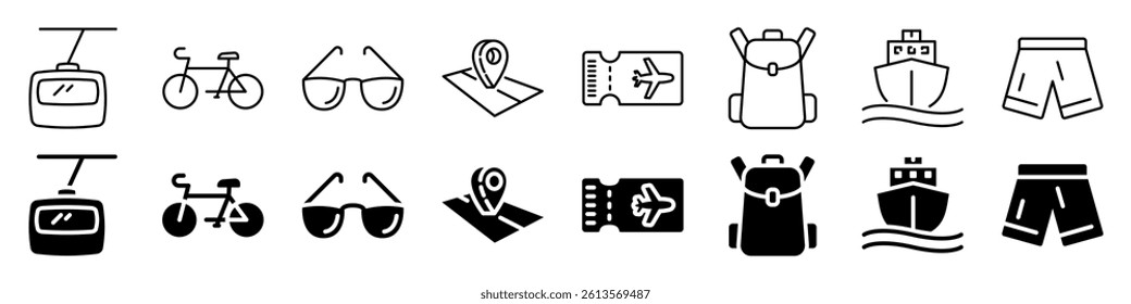 Travel and vacation icon set. Linear and silhouette style.