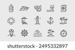 Travel and vacation icons. Large set of travel and vacation trendy minimal icons. Luggage, Cruise Ship, Snorkeling icon. Design signs for web page, mobile app, packaging design. Vector illustration