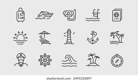 Travel and vacation icons. Large set of travel and vacation trendy minimal icons. Luggage, Cruise Ship, Snorkeling icon. Design signs for web page, mobile app, packaging design. Vector illustration