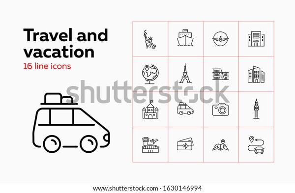 Travel and vacation icons. Set of\
line icons. Cruise, tourism, lifestyle. Leisure concept. Vector\
illustration can be used for topics like sightseeing, tour,\
trip