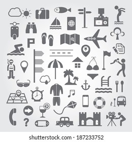 Travel and vacation icons set on gray background 