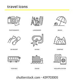 Travel and vacation icons set: photography tour, landmarks, beach, ski resort, diving, camping, tour bus, cruise, visa application. Modern line style