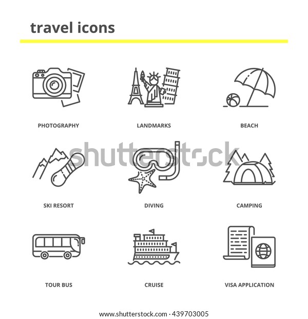 Travel and vacation icons set: photography\
tour, landmarks, beach, ski resort, diving, camping, tour bus,\
cruise, visa application. Modern line\
style