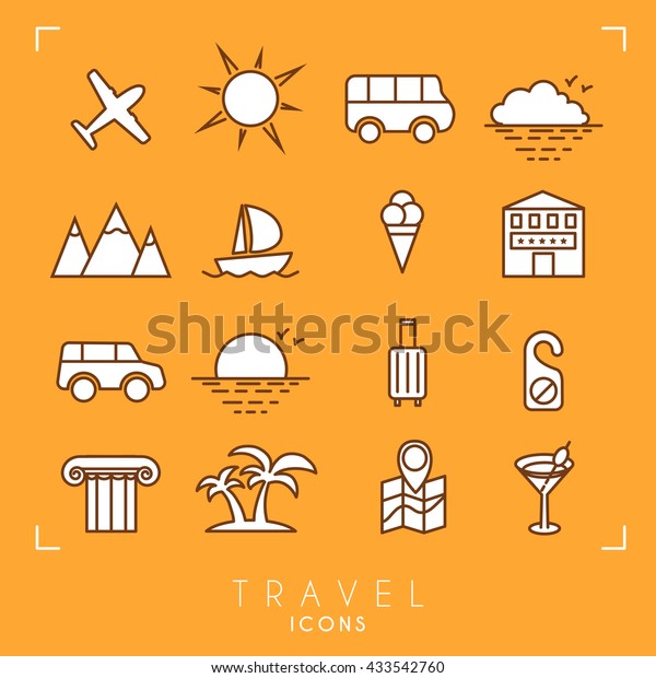 Travel and vacation icons set.\
Plane, sun, bus, cloud, mountains, yacht, ice cream, hotel, rent\
car, sea horizon, luggage, ionic column, map with point,\
cocktail