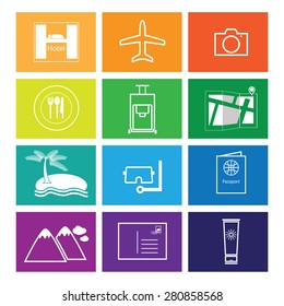 Travel and vacation icons set vector flat line