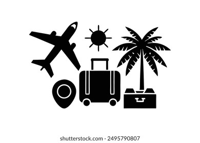 Travel and Vacation Icons: Suitcases, Passports, Airplane, Camera, and Tickets Vector Illustration for Printable Graphics Design