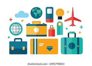 Travel and Vacation Icons: Suitcases, Passports, Airplane, Camera, and Tickets Vector Illustration for Printable Graphics Design