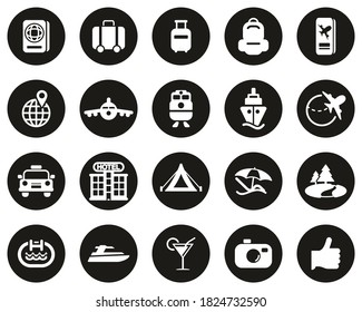 Travel Or Vacation Icons White On Black Flat Design Circle Set Big
