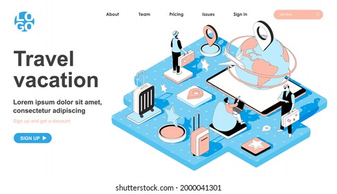 Travel vacation isometric concept. Travelers with luggage go on vacation, tourist trip, flight by plane, world tourism, line flat isometry web banner. Vector illustration in 3d design for landing page