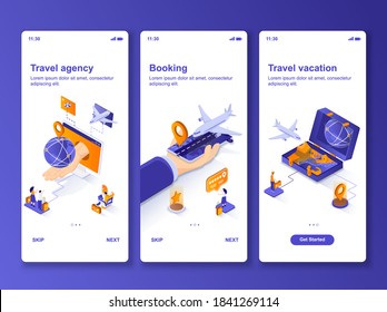 Travel vacation isometric GUI design kit. Hotels and airplane tickets booking service templates for mobile app. Travel agency UI UX onboarding screens. Vector illustration with tiny people characters.