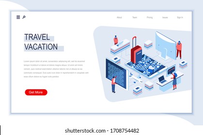 Travel and vacation isometric landing page. Web solution for journey planning and organisation, online booking service. Digital technology and devices. Busy people in work situation 3d vector isometry