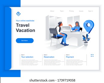 Travel vacation isometric landing page. Travel agent consultation and help to client choosing tour situation. Journey planning and organization, hotel and tickets booking perspective flat design.