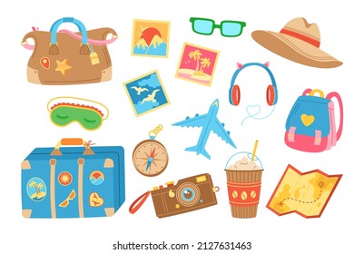 Travel or vacation journey cartoon drawn line set. Vintage camera, sleep mask, luggage suitcase headphones, plane trendy design. Summer sunglasses hat, holiday flat doodle kit diary memory scrapbook