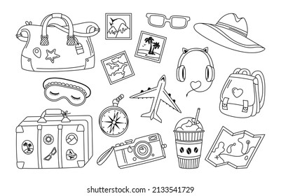 Viaje o viaje de vacaciones conjunto de líneas trazadas de doodle. Cámara vintage, máscara de sueño, auriculares maletas, diseño de moda de plano. sombrero de gafas de sol de verano, raspador de memoria del kit de contorno plano de vacaciones