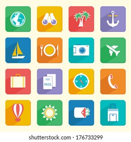 Travel vacation journey icons set of suitcase passport tickets and palm tree isolated vector illustration