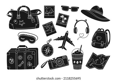 Travel Or Vacation Journey Printing Stamp Set. Vintage Camera, Sleep Mask, Luggage Suitcase Headphones Plane Trendy Stencil. Summer Sunglasses Hat, Holiday Flat Glyph Kit Diary Memory Scrapbook Vector