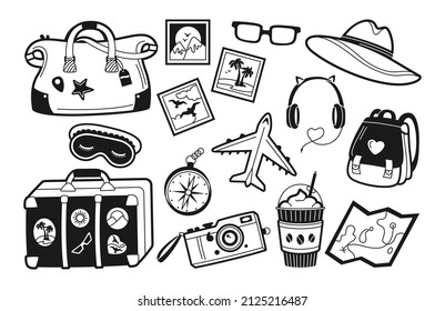 Travel or vacation journey printing stamp glyph set. Vintage camera, sleep mask, luggage suitcase headphones plane trendy stencil. Summer sunglasses hat, holiday flat kit diary memory scrapbook vector