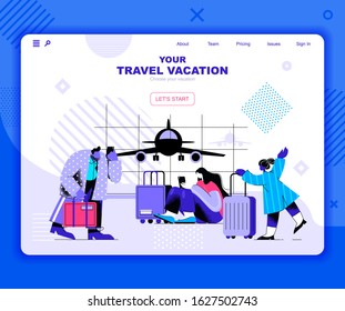 Travel vacation landing page vector template. International voyage with suitcase website header UI layout with flat illustration. Tourism and adventure web banner flat concept