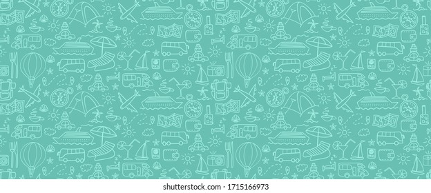 Travel and vacation light background. Summer tourism seamless pattern. Outline vector illustration.