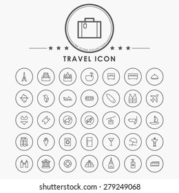 travel and vacation line icons with circle button