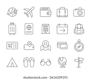 Travel and Vacation Line Icons Set – 20 Outline Style Tourism Elements