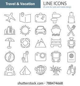 Travel and vacation line thin icons set for web and mobile design