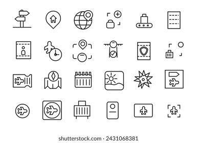 Travel and vacation linear icons collection. Collection of traveling and tourism elements. Vector illustration.