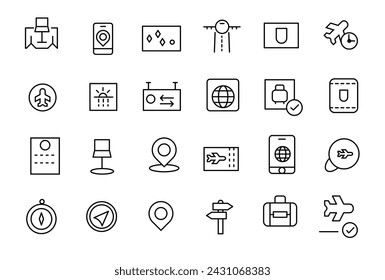 Travel and vacation linear icons collection. Collection of traveling and tourism elements. Vector illustration.