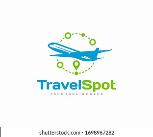 Travel vacation logo design. Airplane and destination route pin vector design. Trip around the world logotype