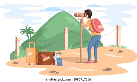 Travel and vacation. Male character in vacation with backpack. Hiking tourism on natural landscape. Man traveler in journey near luggage and plane tickets looks at mountains through binoculars