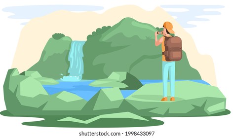 Travel and vacation. Male character in trip with backpack. Hiking tourism on natural landscape. Man traveler in journey taking pictures of beautiful mountain scenery with mobile phone, summer tour