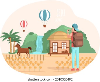 Travel and vacation. Male character in trip with backpack. Hiking tourism, summer tour. Man traveler in journey taking pictures of beautiful mountain natural landscape with hot air balloonns and horse