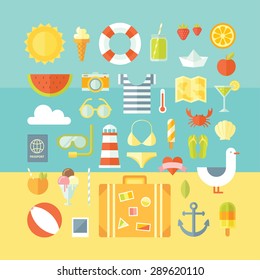Travel vacation modern style flat design set. Vector concept illustration. Summer tourism, planning the journey, travel objects, passenger luggage and equipment. Objects collection in bright colors.