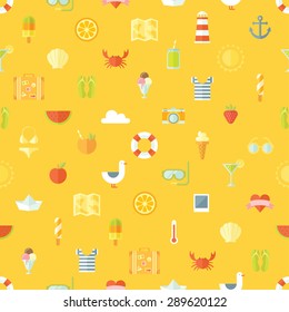 Travel vacation modern style flat design seamless pattern. Vector minimal background. Summer tourism, planning the journey, travel objects, passenger luggage and equipment on bright yellow background.