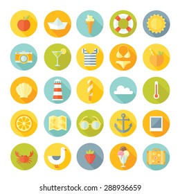 Travel vacation modern style vector concept flat design big icons set. Tourism, planning the journey, travel objects, passenger luggage and equipment in bright colors. Summer collection.