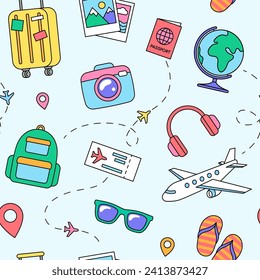 Travel and vacation objects, icons and accessories seamless pattern. Holiday cartoon illustrations background. Vector drawing