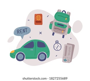 Travel or Vacation Objects Set, Car Renting, Backpack, Passport and Tickets, Journey on Holidays, Adventure, Tourism Cartoon Style Vector Illustration