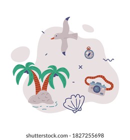Travel or Vacation Objects Set, Tropical Palm Trees, Seagull, Camera, Journey on Holidays, Adventure, Tourism Cartoon Style Vector Illustration